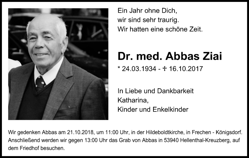  Traueranzeige für Abbas Ziai vom 20.10.2018 aus Kölner Stadt-Anzeiger / Kölnische Rundschau / Express