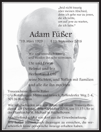 Anzeige von Adam Füßer von  Werbepost 