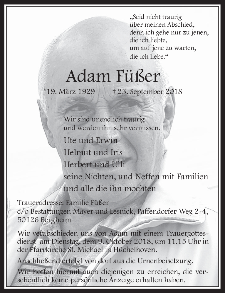  Traueranzeige für Adam Füßer vom 03.10.2018 aus  Werbepost 