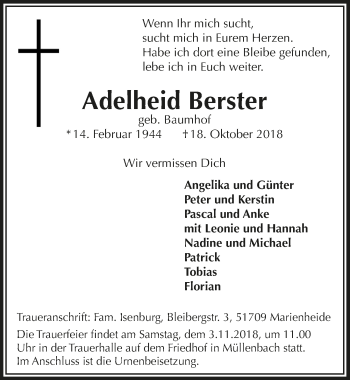 Anzeige von Adelheid Berster von  Anzeigen Echo 