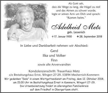 Anzeige von Adelheid Metz von  Blickpunkt Euskirchen 