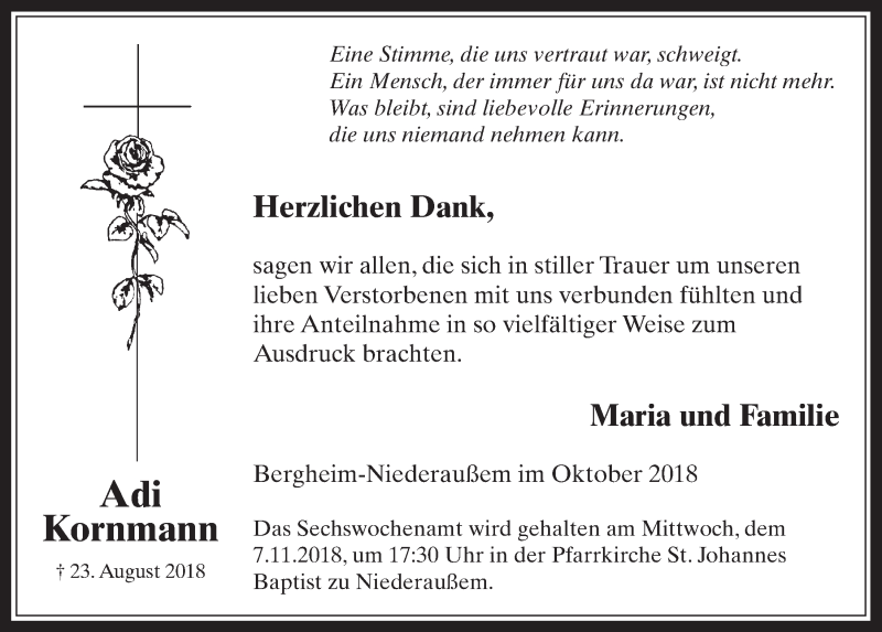  Traueranzeige für Adi Kornmann vom 24.10.2018 aus  Werbepost 