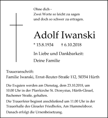 Anzeige von Adolf Iwanski von  Sonntags-Post 