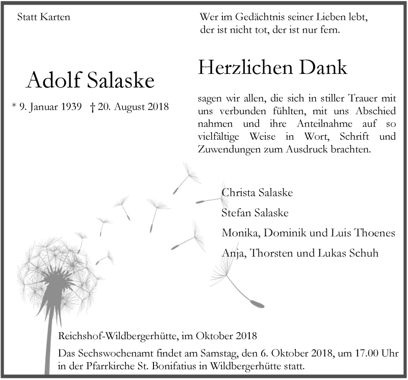  Traueranzeige für Adolf Salaske vom 03.10.2018 aus  Lokalanzeiger 