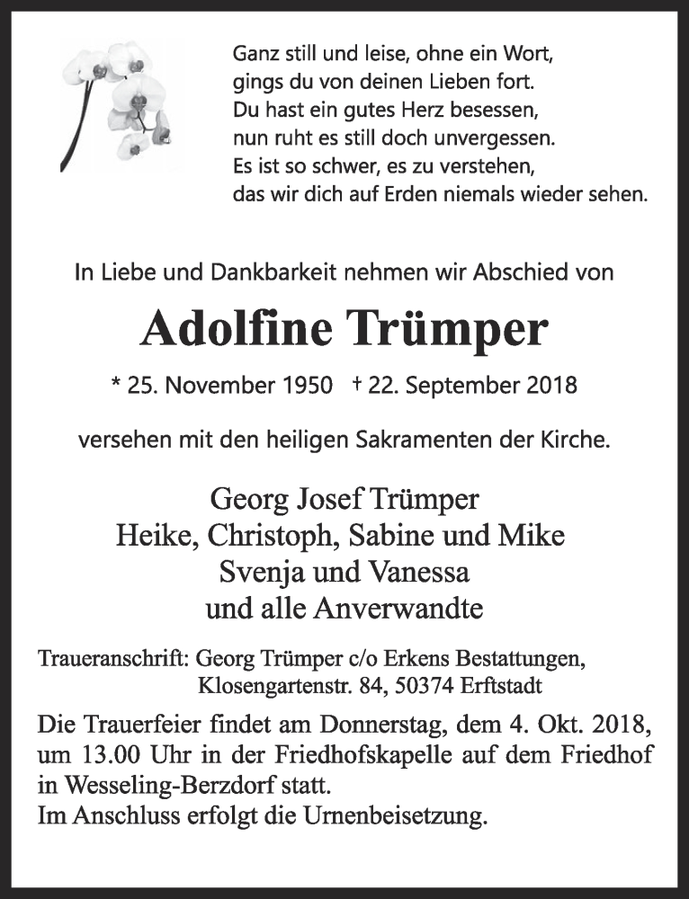  Traueranzeige für Adolfine Trümper vom 03.10.2018 aus  Schlossbote/Werbekurier 