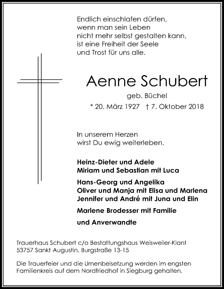  Traueranzeige für Aenne Schubert vom 13.10.2018 aus Kölner Stadt-Anzeiger / Kölnische Rundschau / Express