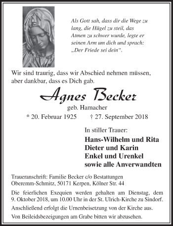 Anzeige von Agnes Becker von  Sonntags-Post 