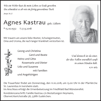 Anzeige von Agnes Kastrau von  Blickpunkt Euskirchen 