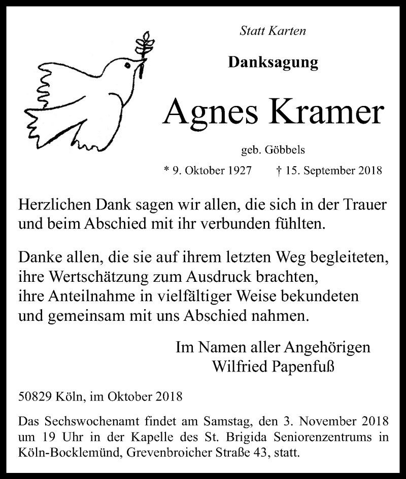  Traueranzeige für Agnes Kramer vom 06.10.2018 aus Kölner Stadt-Anzeiger / Kölnische Rundschau / Express
