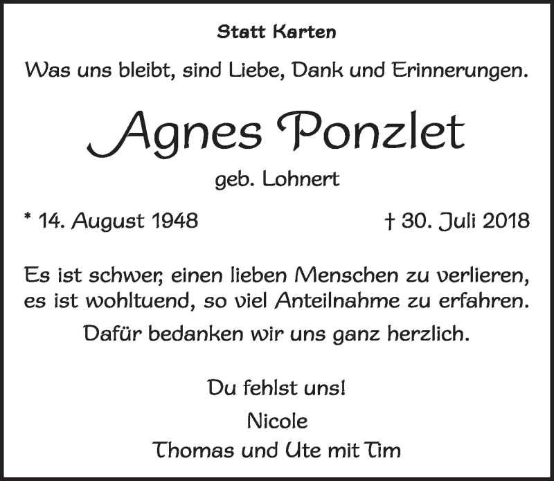  Traueranzeige für Agnes Ponzlet vom 06.10.2018 aus  Blickpunkt Euskirchen  Sonntags-Post 