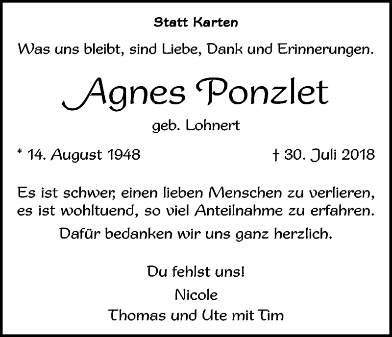  Traueranzeige für Agnes Ponzlet vom 06.10.2018 aus Kölner Stadt-Anzeiger / Kölnische Rundschau / Express