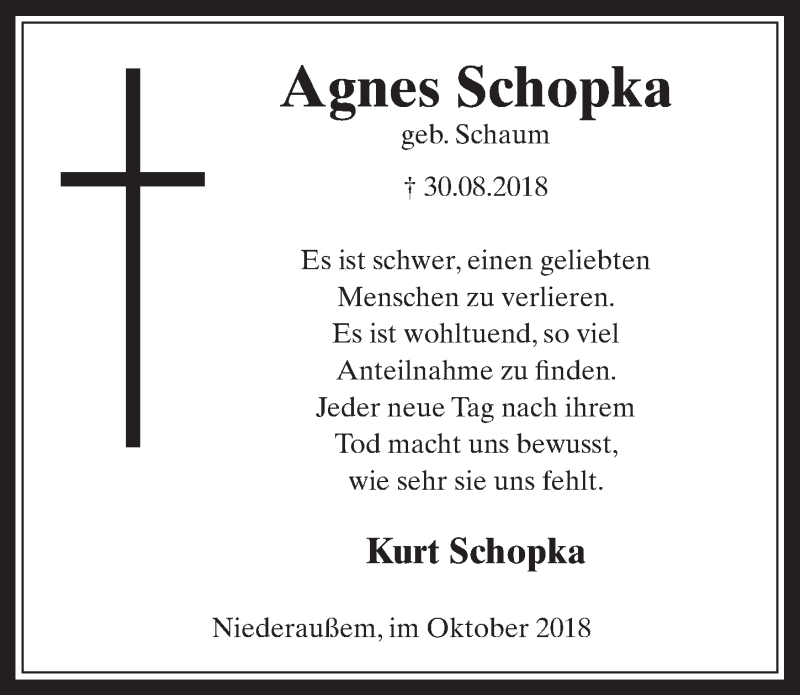  Traueranzeige für Agnes Schopka vom 03.10.2018 aus  Werbepost 