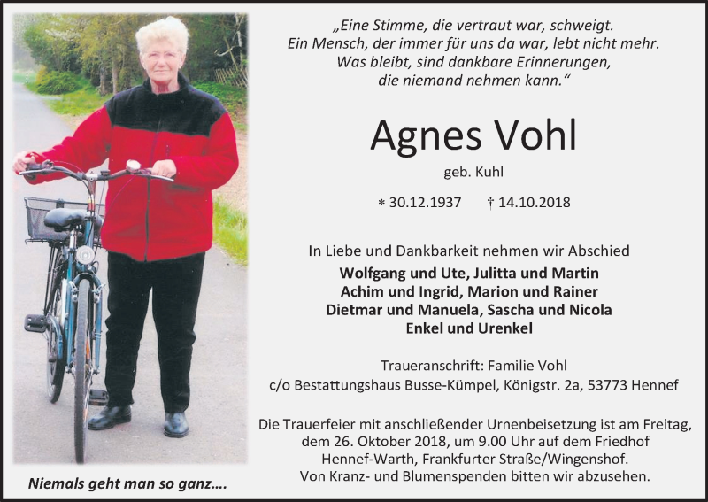  Traueranzeige für Agnes Vohl vom 20.10.2018 aus Kölner Stadt-Anzeiger / Kölnische Rundschau / Express