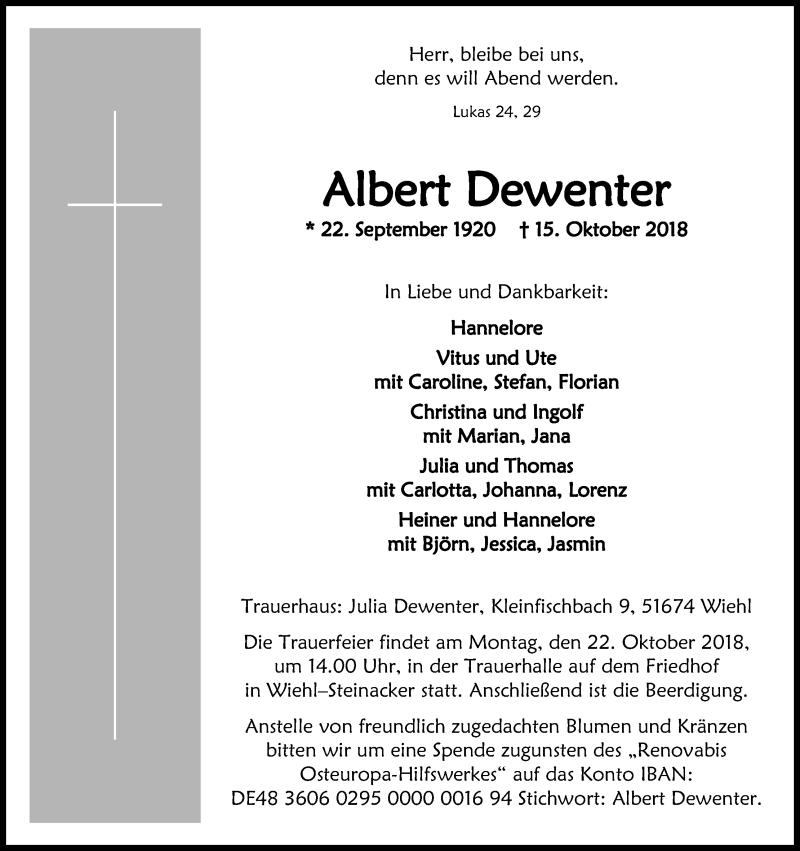  Traueranzeige für Albert Dewenter vom 18.10.2018 aus Kölner Stadt-Anzeiger / Kölnische Rundschau / Express