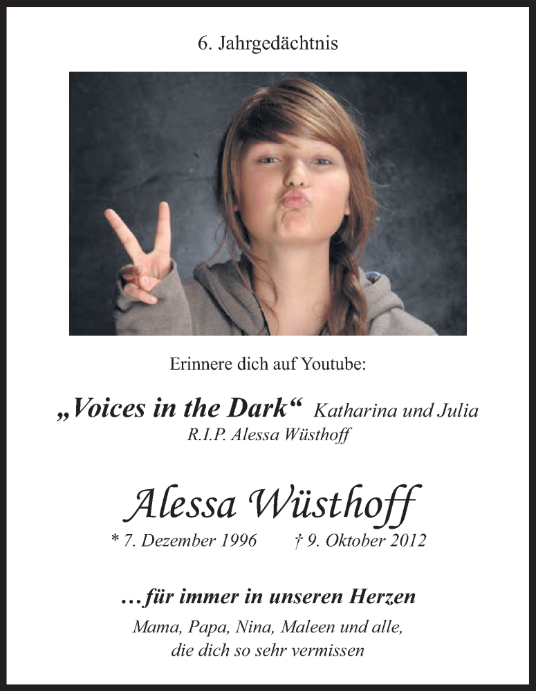  Traueranzeige für Alessa Wüsthoff vom 09.10.2018 aus Kölner Stadt-Anzeiger / Kölnische Rundschau / Express