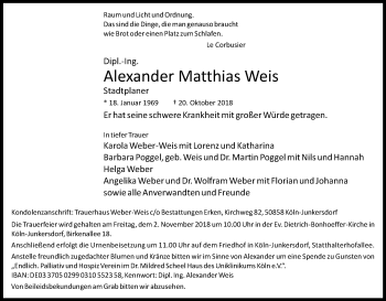 Anzeige von Alexander Matthias Weis von Kölner Stadt-Anzeiger / Kölnische Rundschau / Express