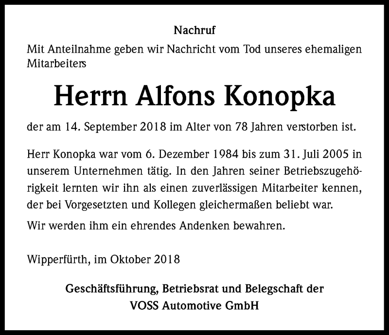  Traueranzeige für Alfons Konopka vom 06.10.2018 aus Kölner Stadt-Anzeiger / Kölnische Rundschau / Express