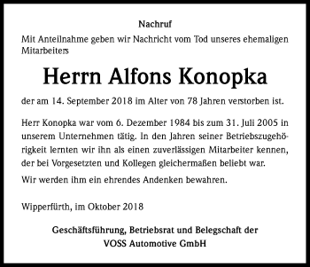 Anzeige von Alfons Konopka von Kölner Stadt-Anzeiger / Kölnische Rundschau / Express