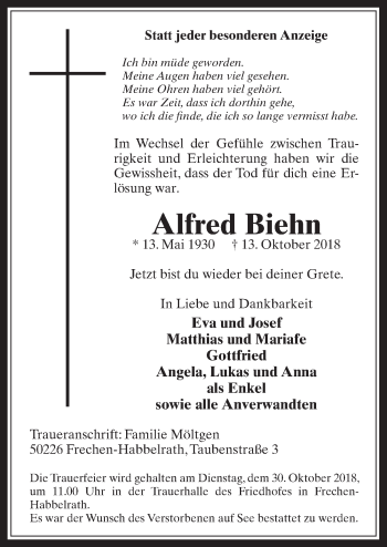 Anzeige von Alfred Biehn von  Wochenende 