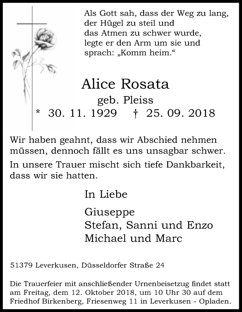 Traueranzeige für Alice Rosata vom 06.10.2018 aus Kölner Stadt-Anzeiger / Kölnische Rundschau / Express