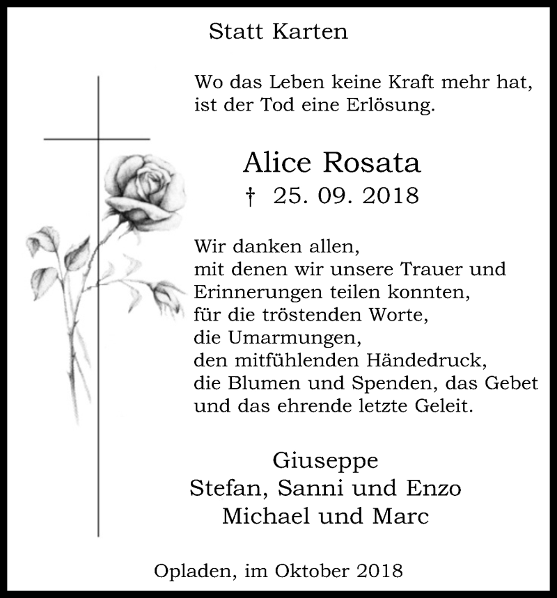  Traueranzeige für Alice Rosata vom 20.10.2018 aus Kölner Stadt-Anzeiger / Kölnische Rundschau / Express