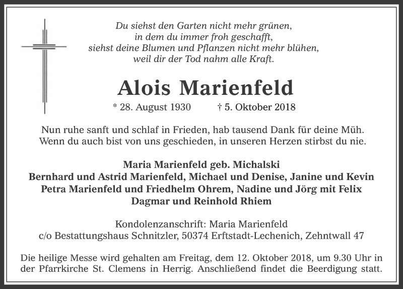  Traueranzeige für Alois Marienfeld vom 10.10.2018 aus  Werbepost 