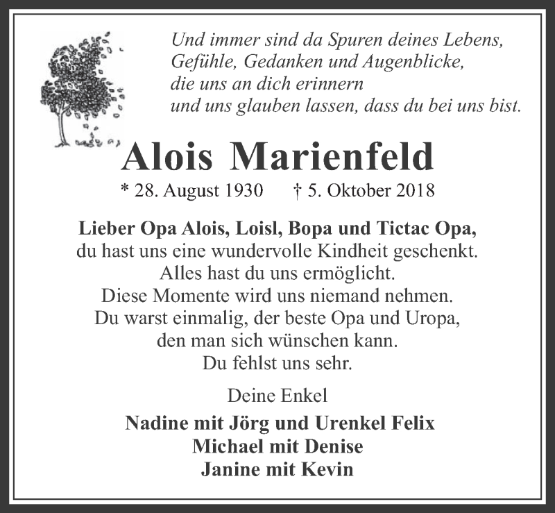  Traueranzeige für Alois Marienfeld vom 10.10.2018 aus  Werbepost 