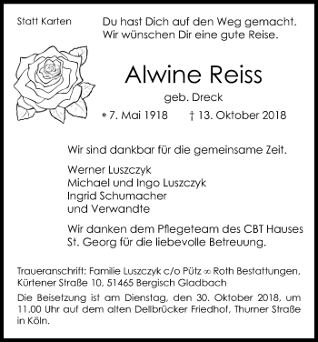 Anzeige von Alwine Reiss von Kölner Stadt-Anzeiger / Kölnische Rundschau / Express