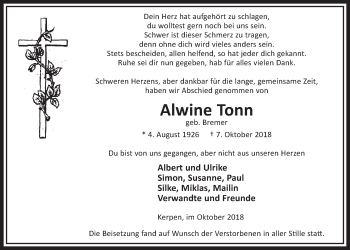 Anzeige von Alwine Tonn von  Sonntags-Post 