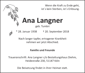 Anzeige von Ana Langner von  Kölner Wochenspiegel 