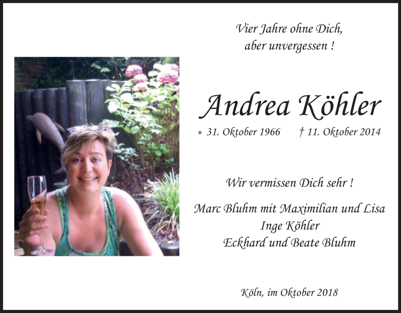  Traueranzeige für Andrea Köhler vom 27.10.2018 aus Kölner Stadt-Anzeiger / Kölnische Rundschau / Express