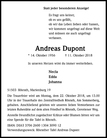 Anzeige von Andreas Dupont von Kölner Stadt-Anzeiger / Kölnische Rundschau / Express