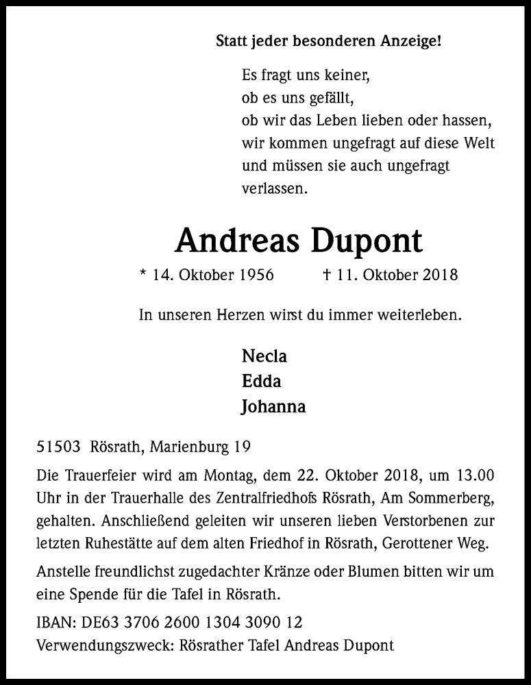  Traueranzeige für Andreas Dupont vom 17.10.2018 aus Kölner Stadt-Anzeiger / Kölnische Rundschau / Express