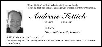 Anzeige von Andreas Fettich von  Lokalanzeiger 
