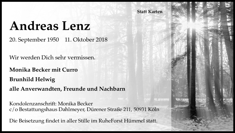  Traueranzeige für Andreas Lenz vom 20.10.2018 aus Kölner Stadt-Anzeiger / Kölnische Rundschau / Express