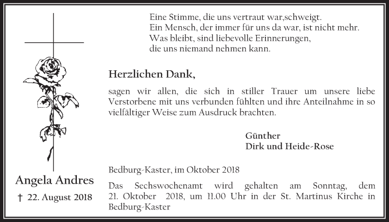  Traueranzeige für Angela Andres vom 10.10.2018 aus  Werbepost 