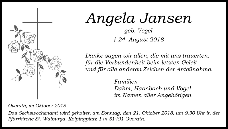  Traueranzeige für Angela Jansen vom 13.10.2018 aus Kölner Stadt-Anzeiger / Kölnische Rundschau / Express