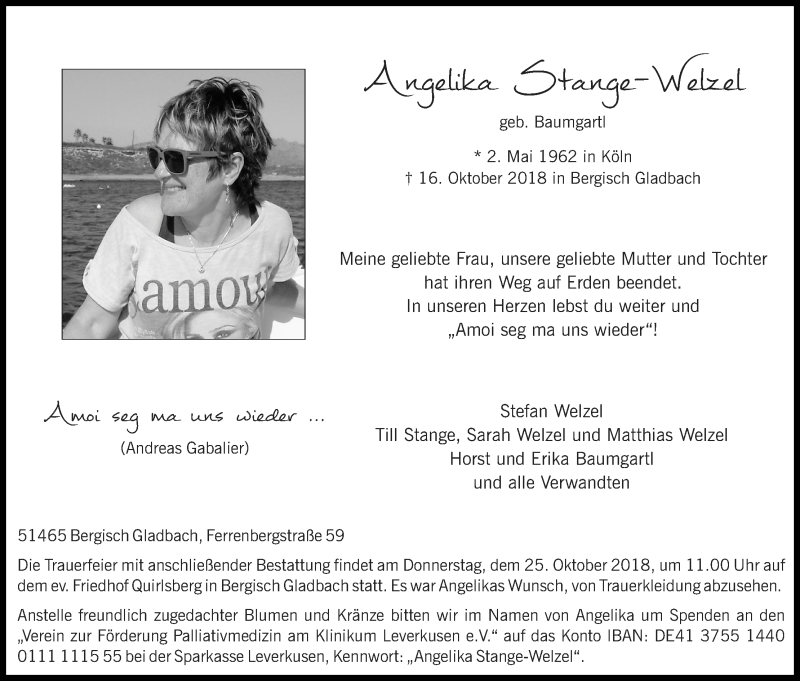  Traueranzeige für Angelika Stange-Welzel vom 20.10.2018 aus Kölner Stadt-Anzeiger / Kölnische Rundschau / Express