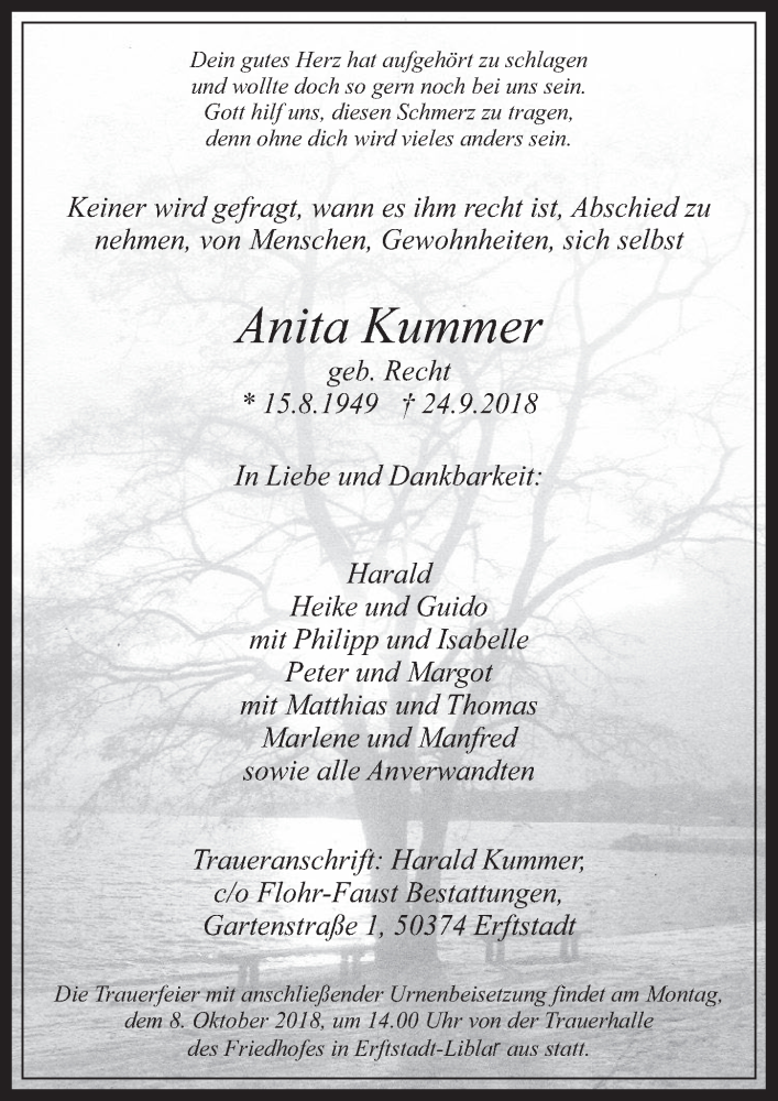  Traueranzeige für Anita Kummer vom 03.10.2018 aus  Werbepost 