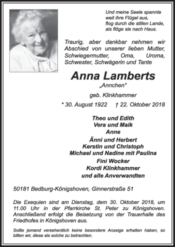 Anzeige von Anna Lamberts von  Sonntags-Post 