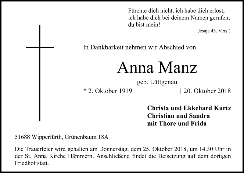  Traueranzeige für Anna Manz vom 23.10.2018 aus Kölner Stadt-Anzeiger / Kölnische Rundschau / Express