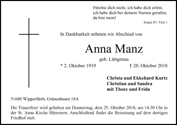 Anzeige von Anna Manz von Kölner Stadt-Anzeiger / Kölnische Rundschau / Express