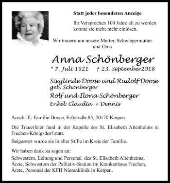 Anzeige von Anna Schönberger von Kölner Stadt-Anzeiger / Kölnische Rundschau / Express