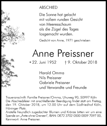 Anzeige von Anne Preissner von Kölner Stadt-Anzeiger / Kölnische Rundschau / Express
