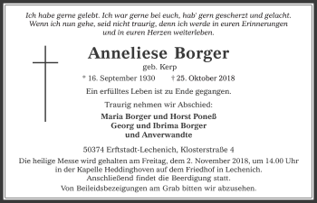 Anzeige von Anneliese Borger von  Werbepost 