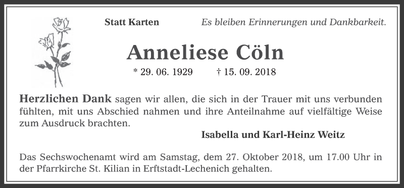  Traueranzeige für Anneliese Cöln vom 17.10.2018 aus  Werbepost 