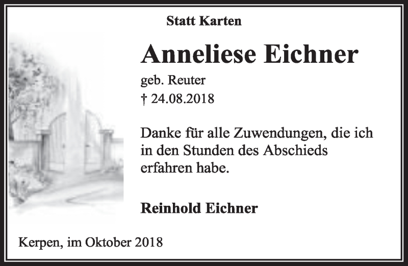  Traueranzeige für Anneliese Eichner vom 06.10.2018 aus  Sonntags-Post 