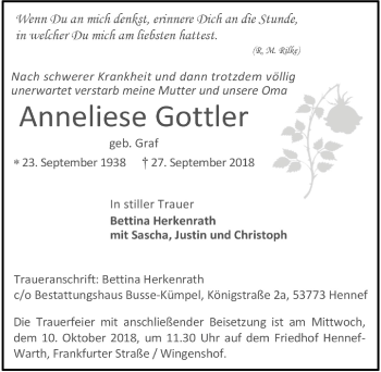 Anzeige von Anneliese Gottler von  Rhein-Sieg-Wochenende 