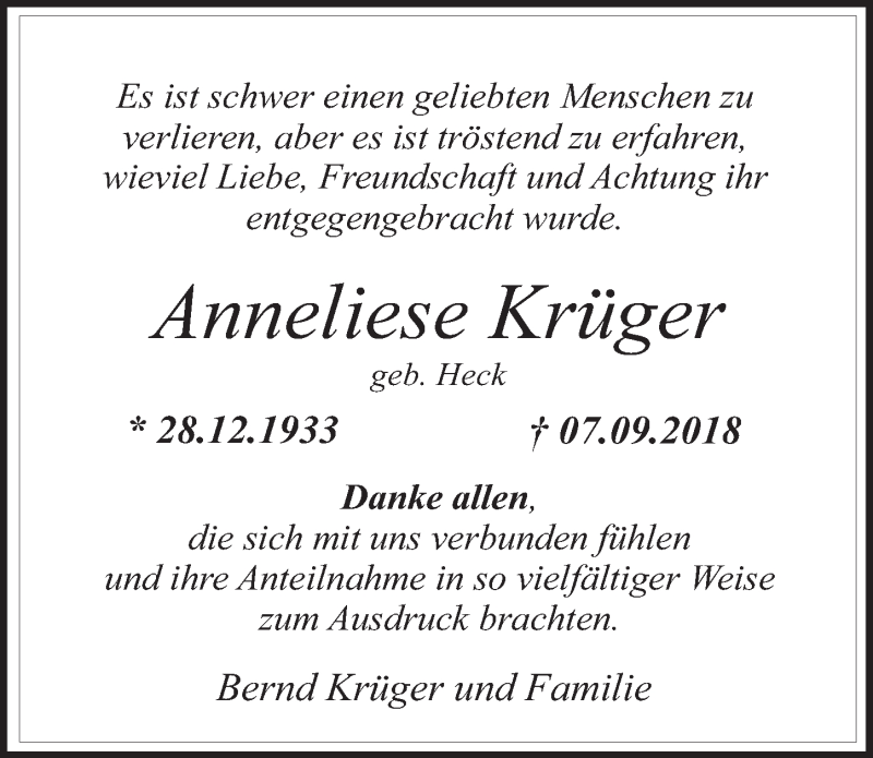  Traueranzeige für Anneliese Krüger vom 24.10.2018 aus  Werbepost 