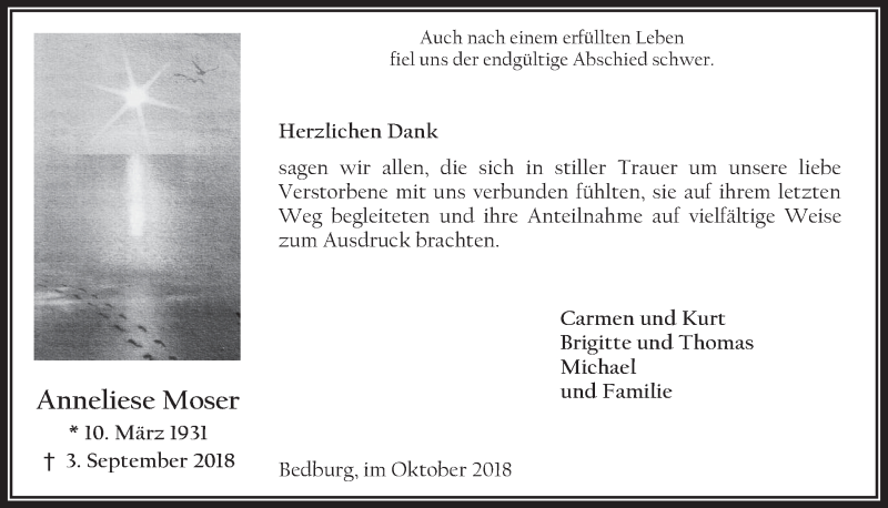  Traueranzeige für Anneliese Moser vom 17.10.2018 aus  Werbepost 